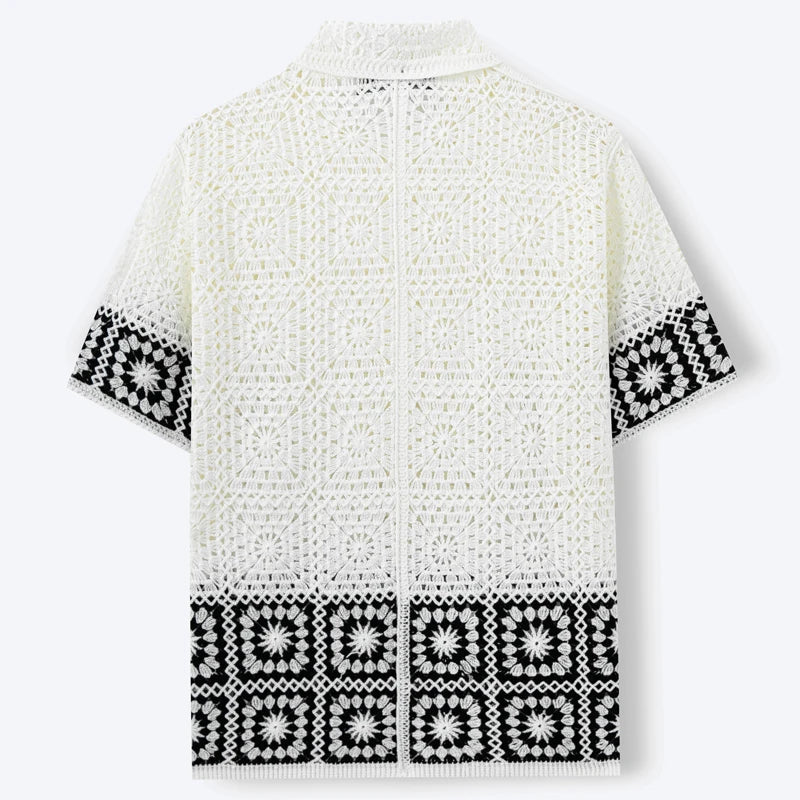 Men’s Retro Crochet Knitted Polo Shirt – Hollow Out Jacquard Short Sleeve Cardigan Summer Top