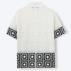 Men’s Retro Crochet Knitted Polo Shirt – Hollow Out Jacquard Short Sleeve Cardigan Summer Top