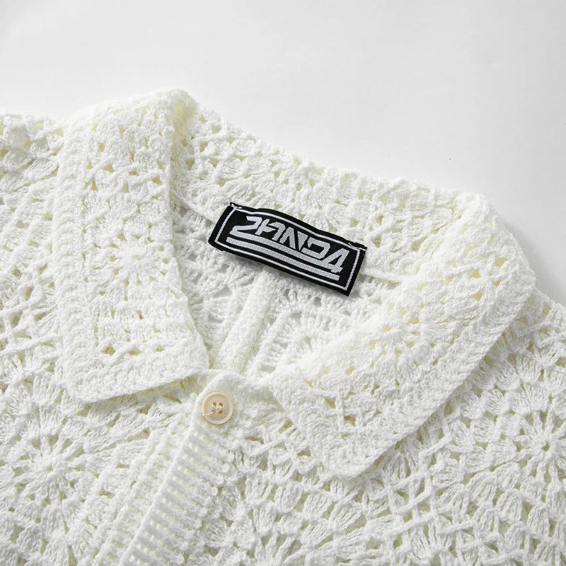 Men’s Retro Crochet Knitted Polo Shirt – Hollow Out Jacquard Short Sleeve Cardigan Summer Top