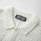 Men’s Retro Crochet Knitted Polo Shirt – Hollow Out Jacquard Short Sleeve Cardigan Summer Top