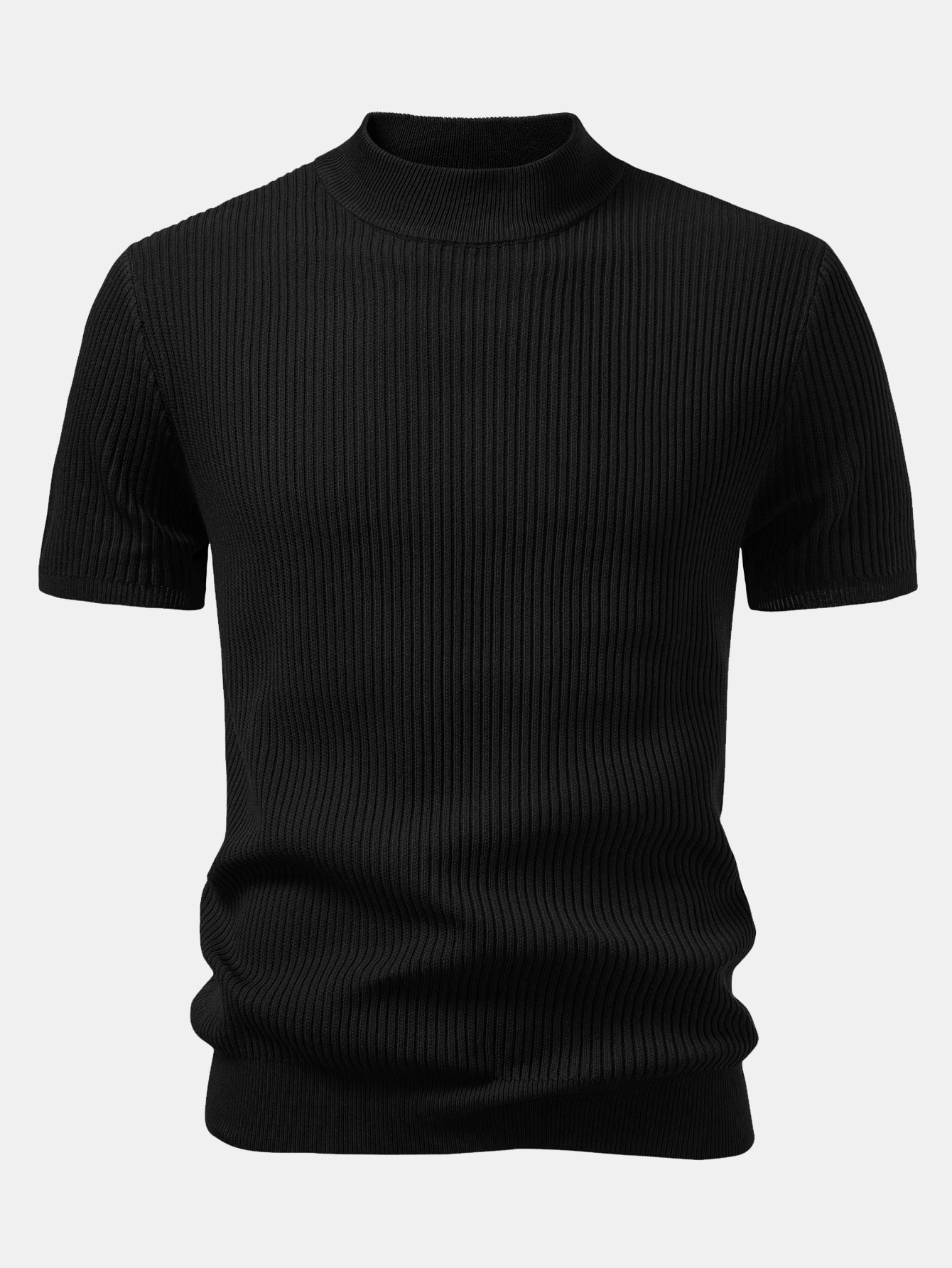 Basic Refined Mock Neck Ribbed Knit T-Shirt