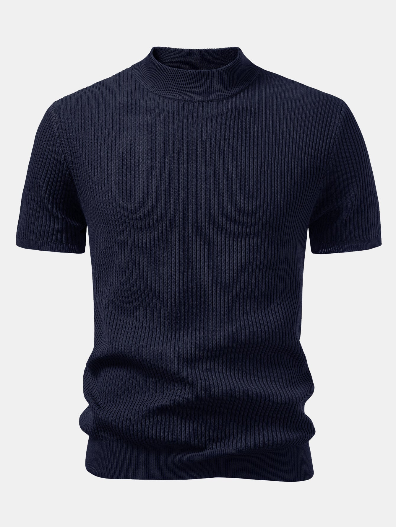 Basic Refined Mock Neck Ribbed Knit T-Shirt