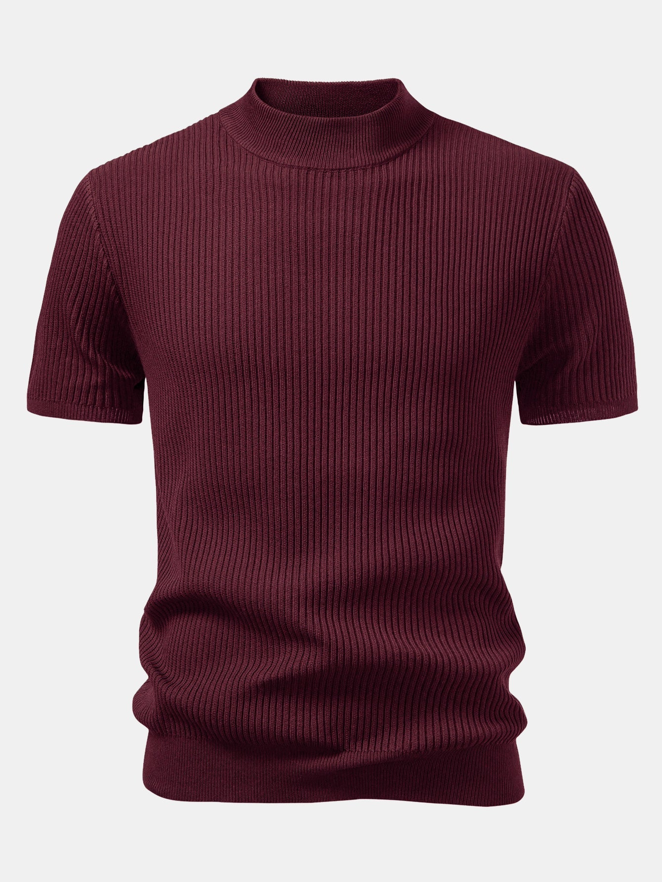 Basic Refined Mock Neck Ribbed Knit T-Shirt