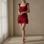 Women’s Ruffle Edge Square Neck Dress – Sleeveless Slim Fit Cotton Blend Mini Dress