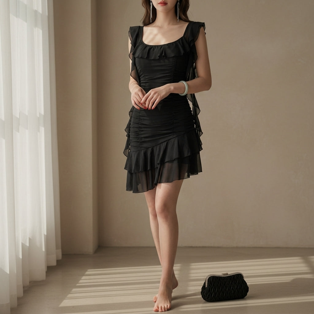 Women’s Ruffle Edge Square Neck Dress – Sleeveless Slim Fit Cotton Blend Mini Dress