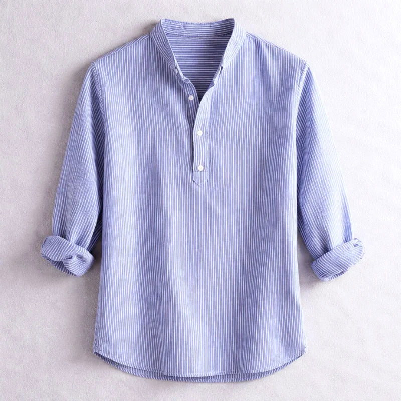 Men’s Striped Henley Shirt – Long Sleeve Stand Collar Casual Button Top