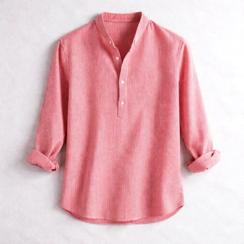 Men’s Striped Henley Shirt – Long Sleeve Stand Collar Casual Button Top