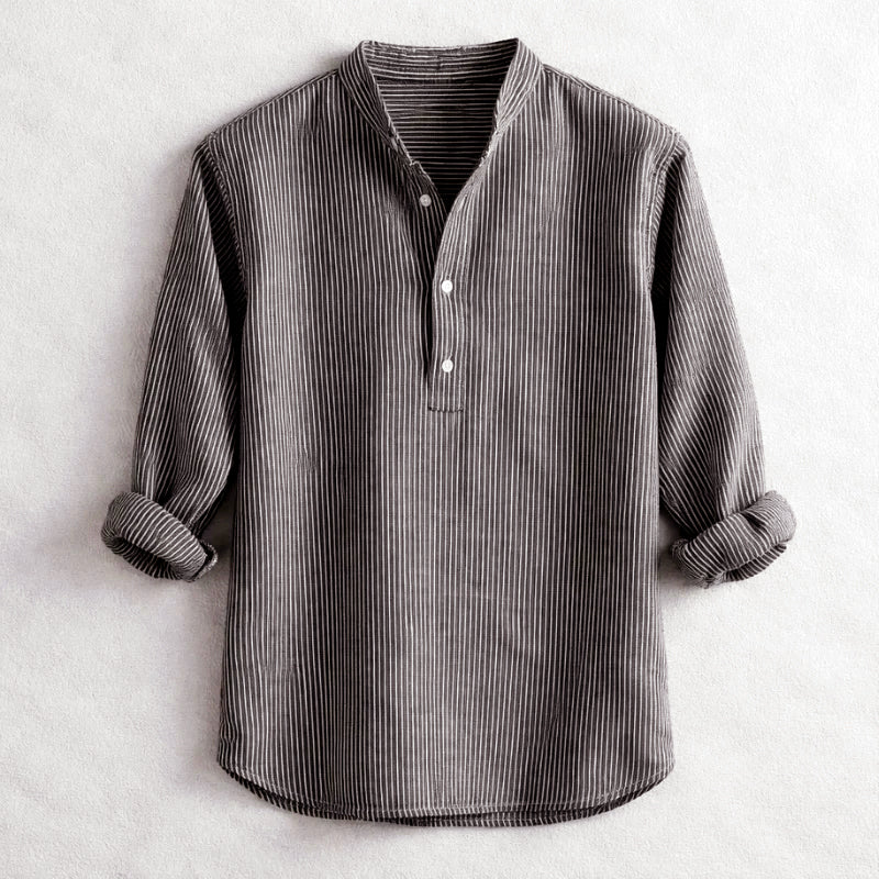 Men’s Striped Henley Shirt – Long Sleeve Stand Collar Casual Button Top