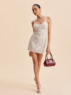 Women’s Backless Lace Jersey Mini Dress – Low Cut Slim Fit Adjustable Strap Dress