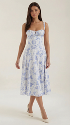 Women's Blue and White Floral Midi Dress Corset Bodice Sleeveless Flowy Summer Dress