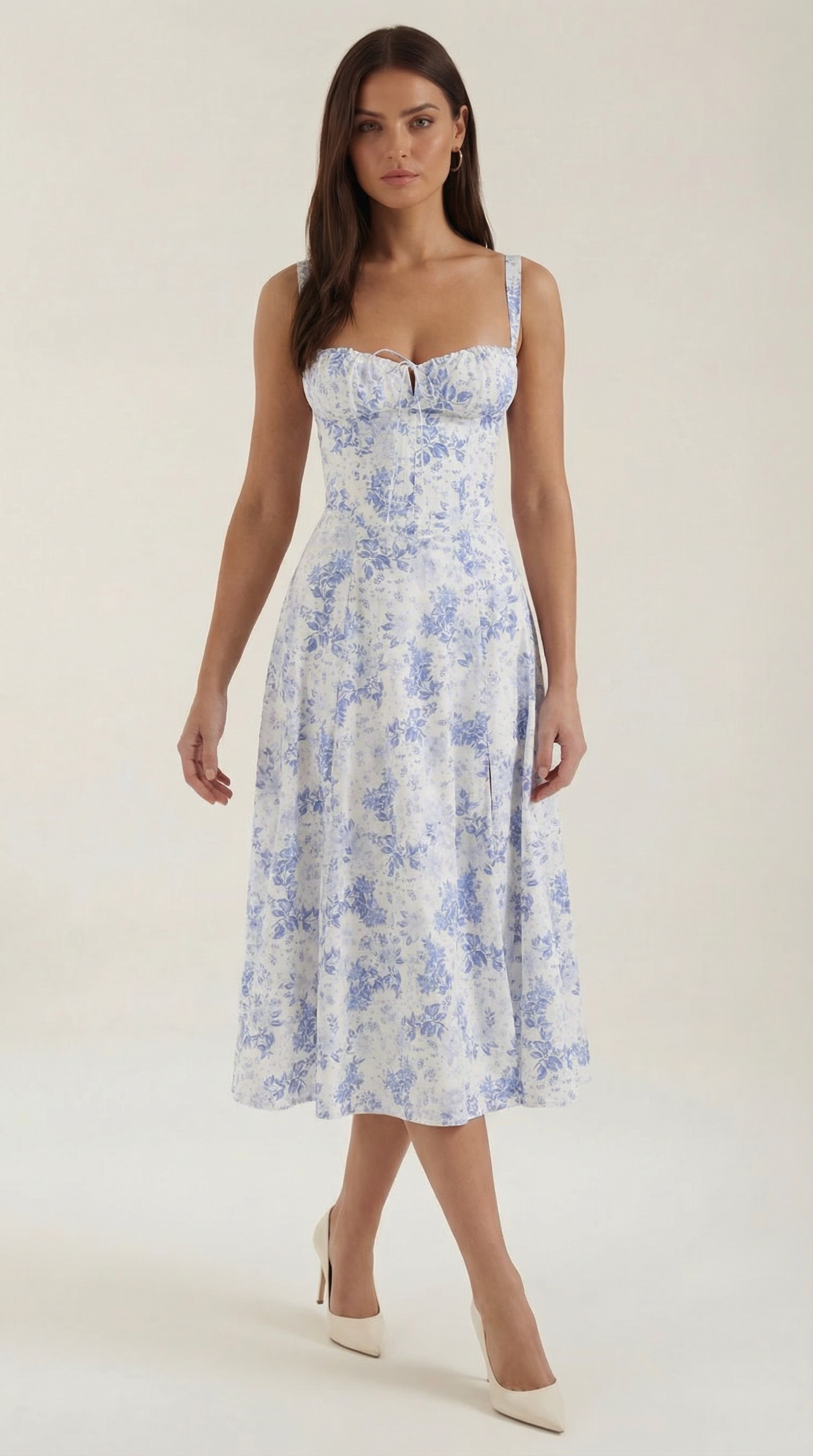 Women's Blue and White Floral Midi Dress Corset Bodice Sleeveless Flowy Summer Dress