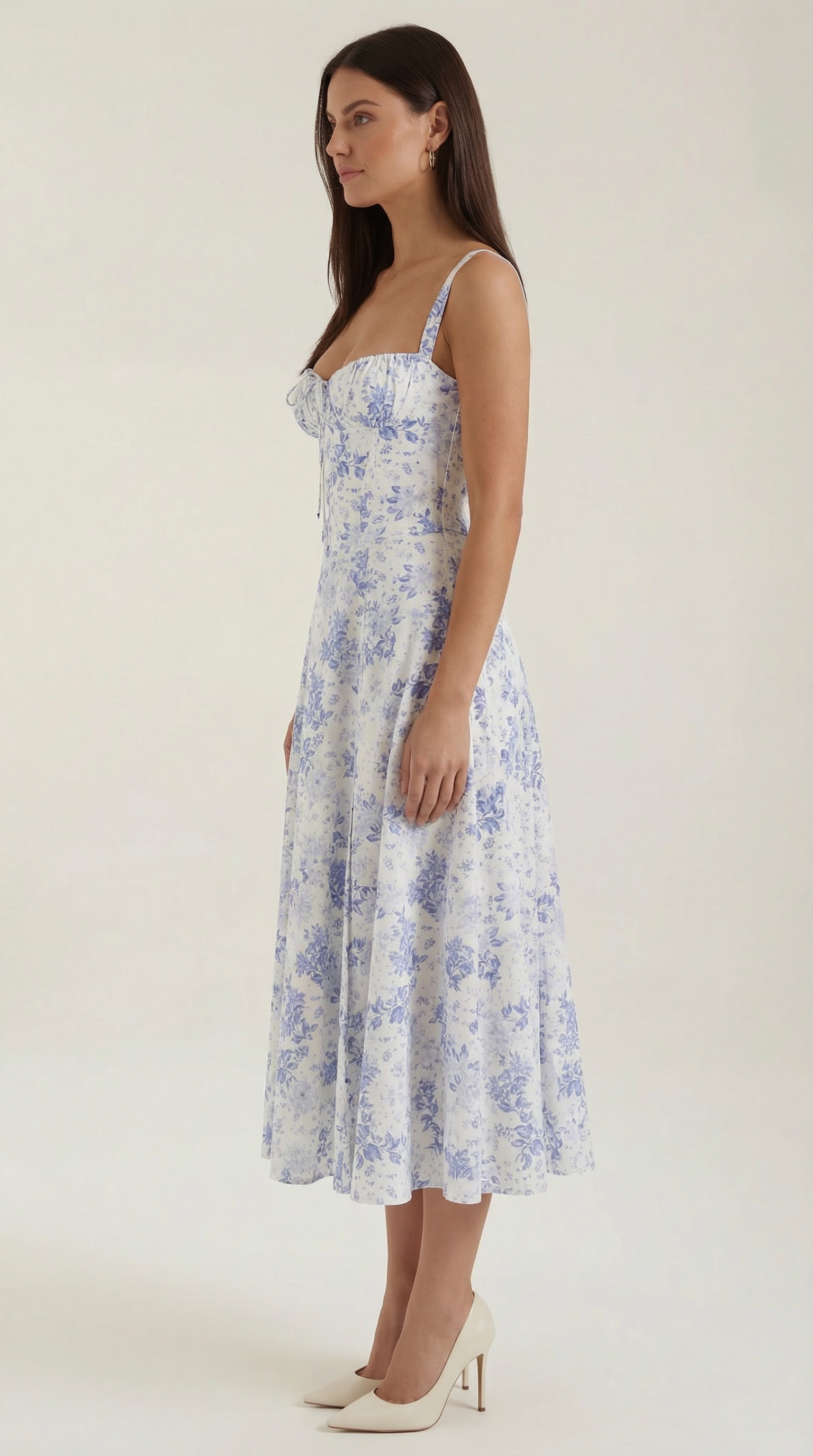 Women's Blue and White Floral Midi Dress Corset Bodice Sleeveless Flowy Summer Dress