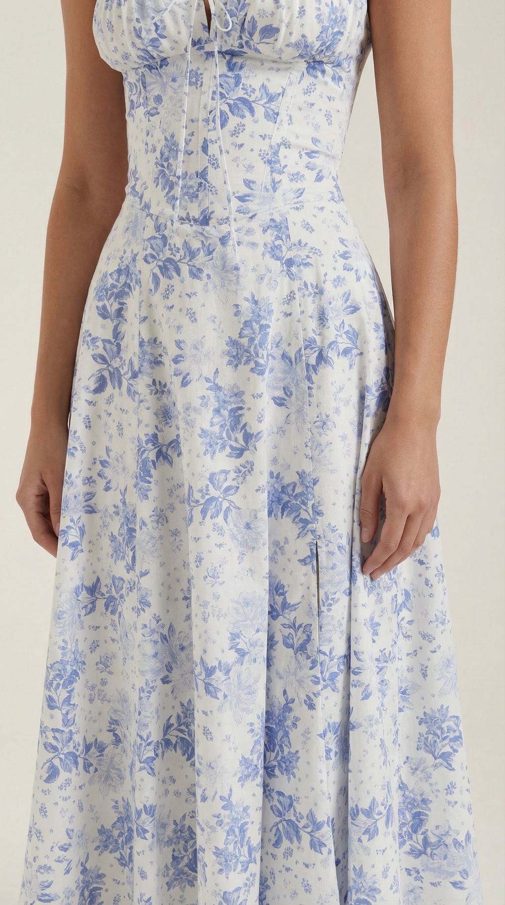 Women's Blue and White Floral Midi Dress Corset Bodice Sleeveless Flowy Summer Dress