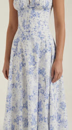 Women's Blue and White Floral Midi Dress Corset Bodice Sleeveless Flowy Summer Dress