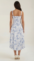 Women's Blue and White Floral Midi Dress Corset Bodice Sleeveless Flowy Summer Dress