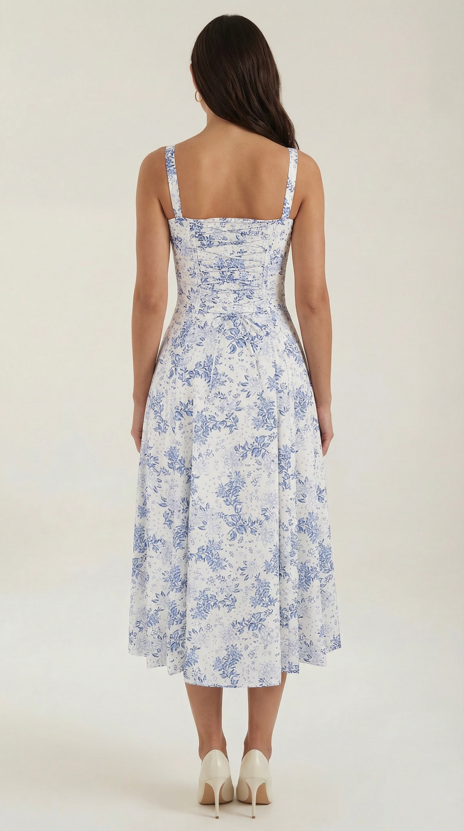 Women's Blue and White Floral Midi Dress Corset Bodice Sleeveless Flowy Summer Dress