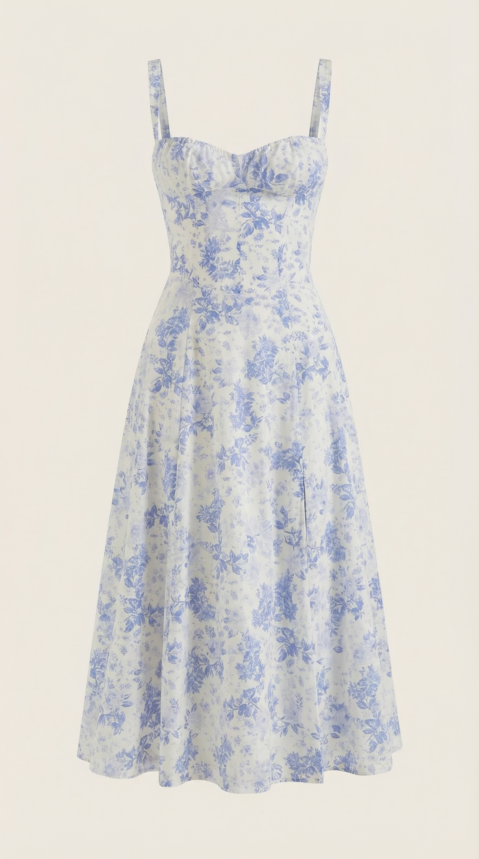 Women's Blue and White Floral Midi Dress Corset Bodice Sleeveless Flowy Summer Dress
