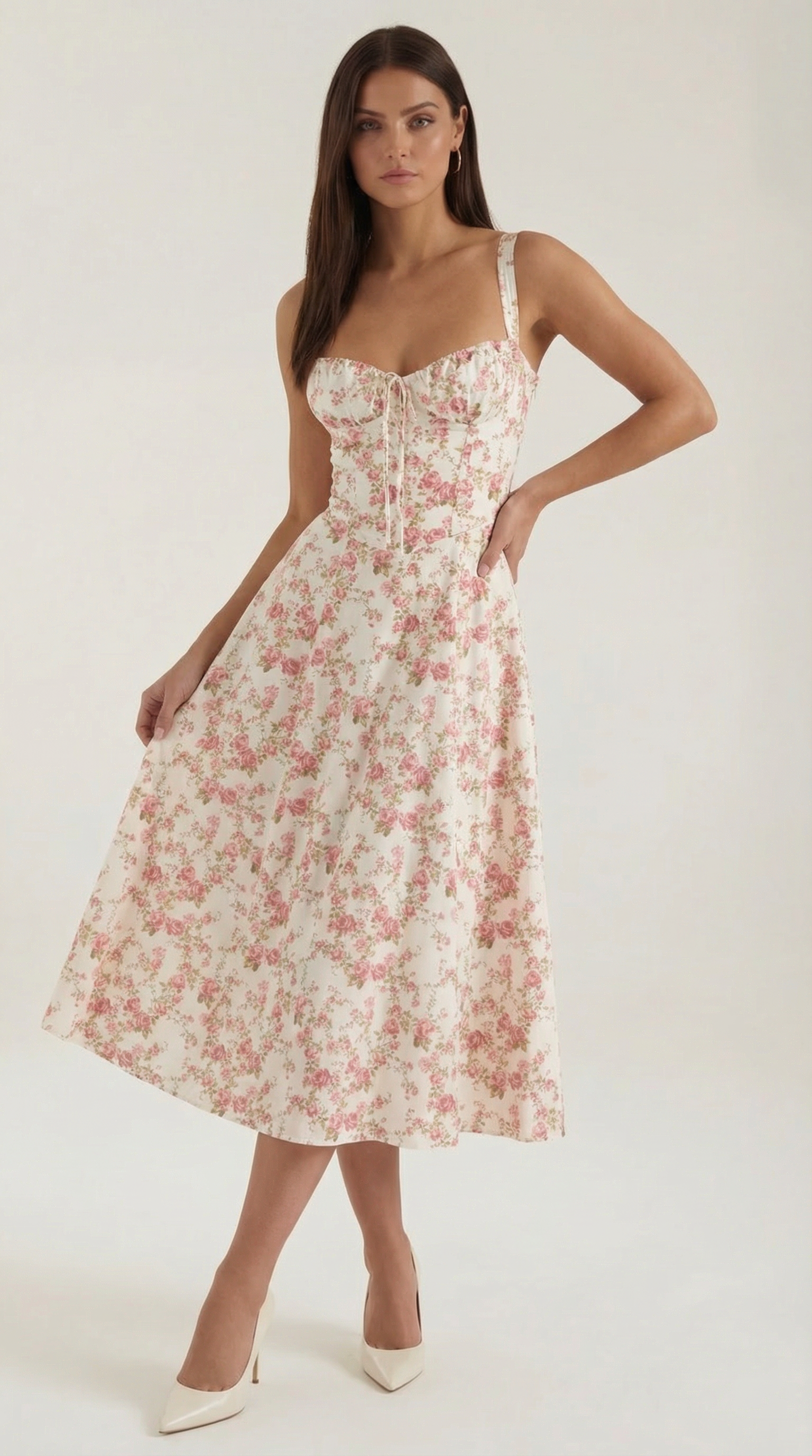 Women's Blue and White Floral Midi Dress Corset Bodice Sleeveless Flowy Summer Dress