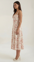 Women's Blue and White Floral Midi Dress Corset Bodice Sleeveless Flowy Summer Dress