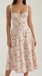 Women's Blue and White Floral Midi Dress Corset Bodice Sleeveless Flowy Summer Dress