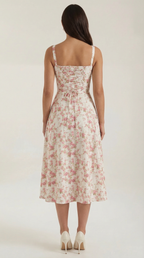 Women's Blue and White Floral Midi Dress Corset Bodice Sleeveless Flowy Summer Dress