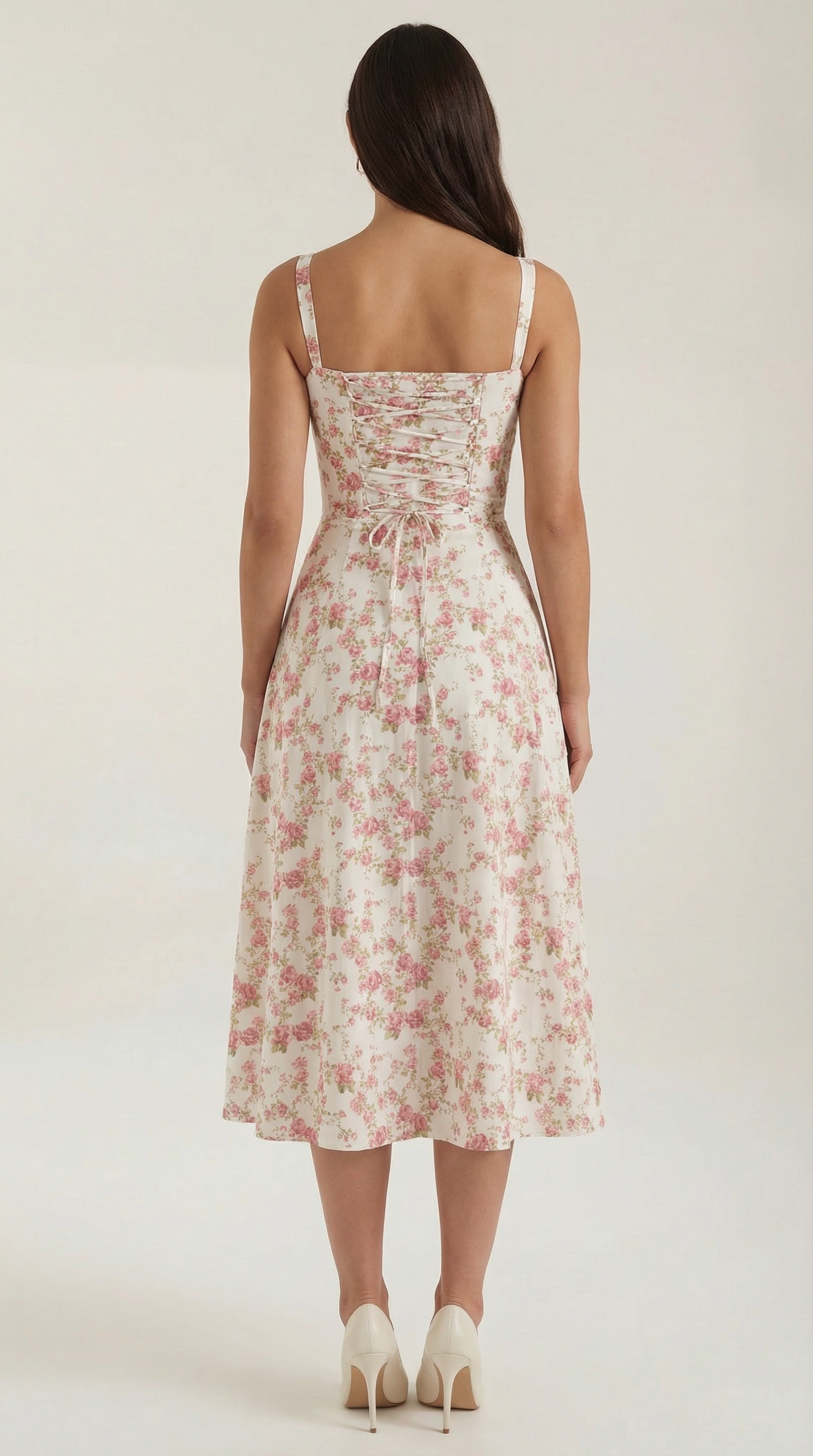 Women's Blue and White Floral Midi Dress Corset Bodice Sleeveless Flowy Summer Dress