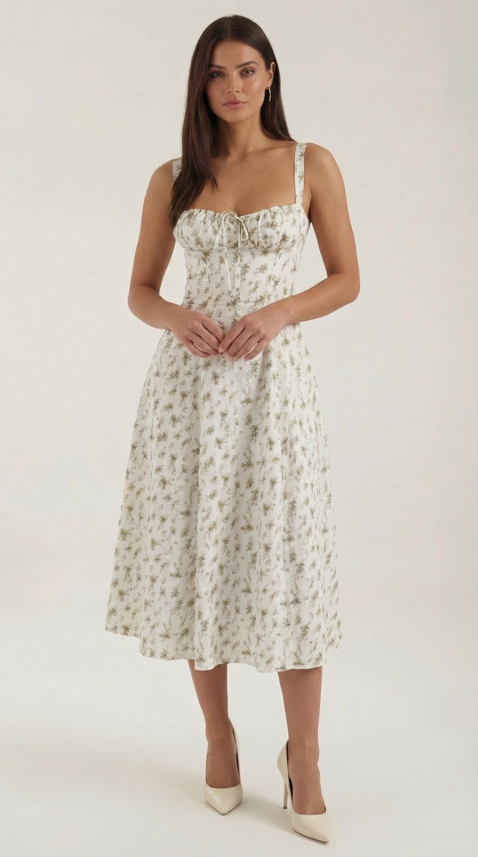 Women's Blue and White Floral Midi Dress Corset Bodice Sleeveless Flowy Summer Dress