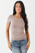 Women’s Soft Knit Layered Top — Fitted Stretch Rayon Blend Short Sleeve Round Neck Low Back Casual Chic Top