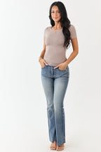 Women’s Soft Knit Layered Top — Fitted Stretch Rayon Blend Short Sleeve Round Neck Low Back Casual Chic Top