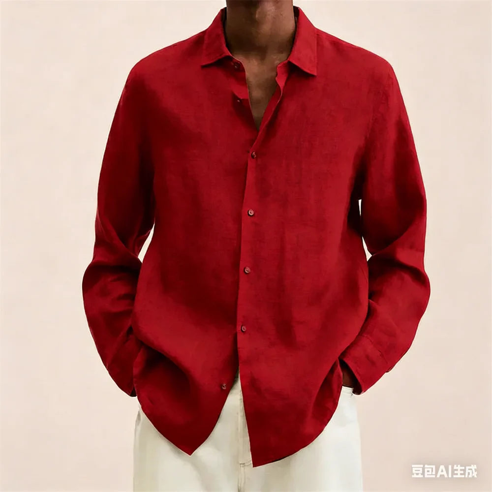 Men’s Linen Long Sleeve Button-Up Shirt – Loose Fit Casual Collared Shirt