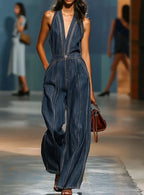 Women’s Halter Neck Denim Jumpsuit – Sleeveless Deep V-Neck Wide Leg Retro Vintage Overalls