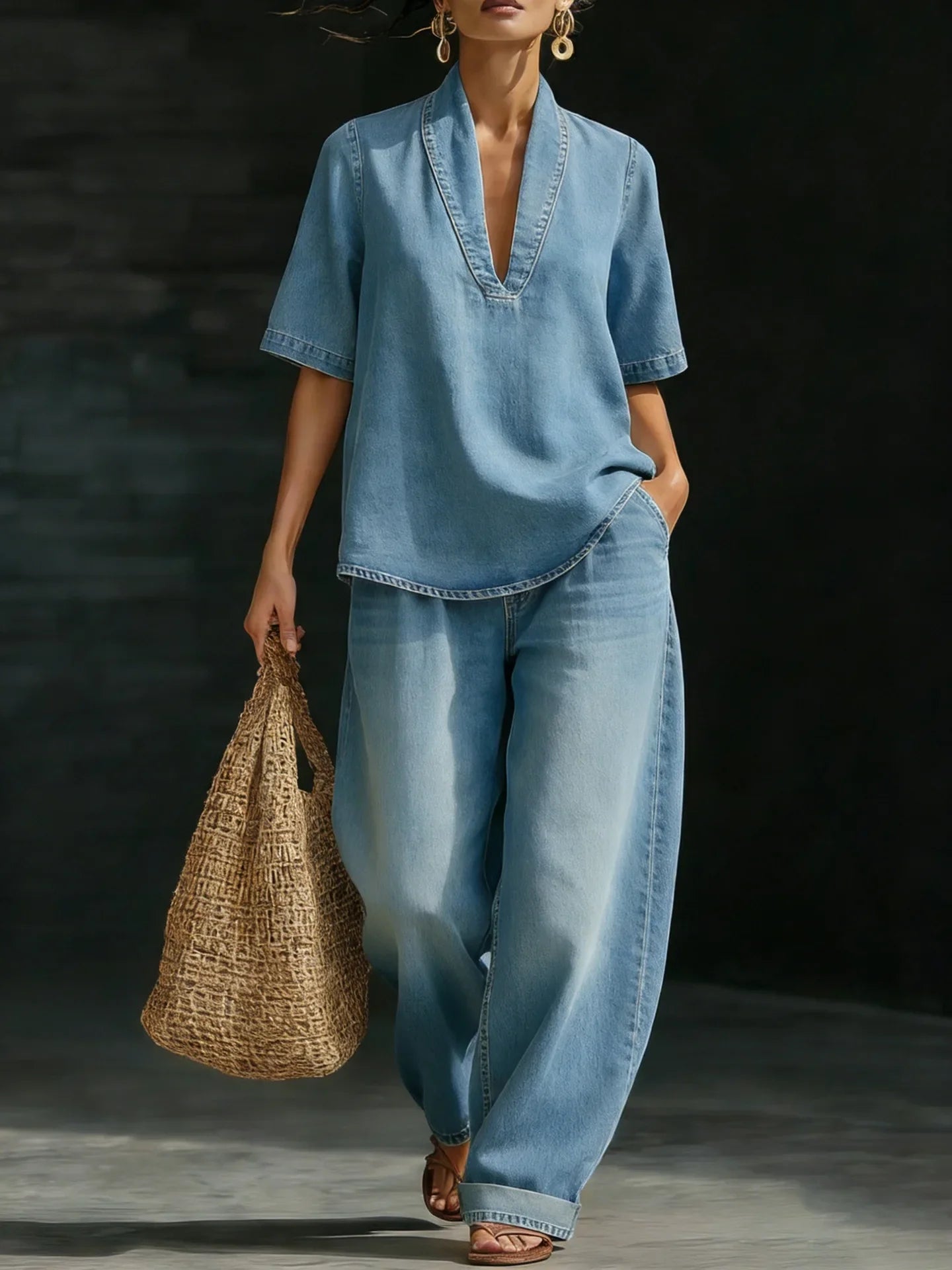 Women’s Vintage Washed Denim Two-Piece Set – V-Neck Top & Wide-Leg Pants