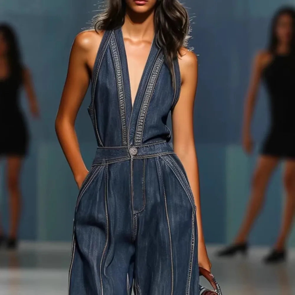 Women’s Halter Neck Denim Jumpsuit – Sleeveless Deep V-Neck Wide Leg Retro Vintage Overalls