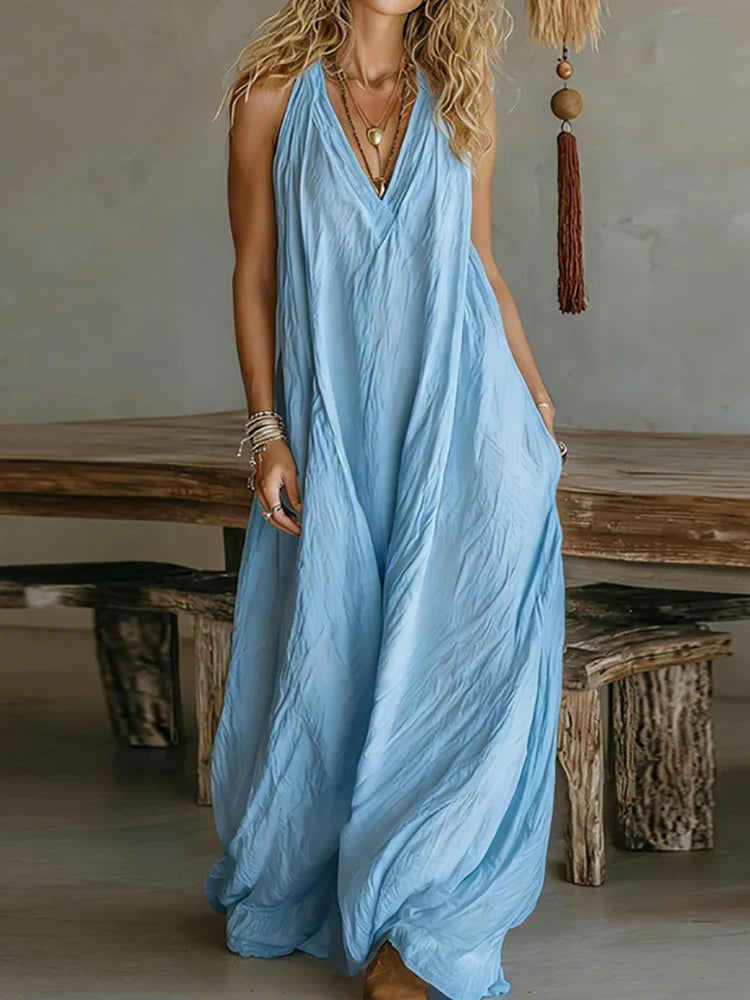 Women’s Sleeveless V-Neck Wide-Leg Jumpsuit – Casual Vacation Romper