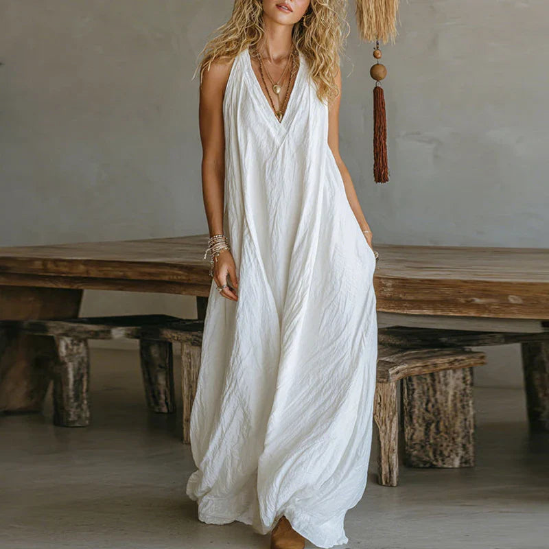 Women’s Sleeveless V-Neck Wide-Leg Jumpsuit – Casual Vacation Romper