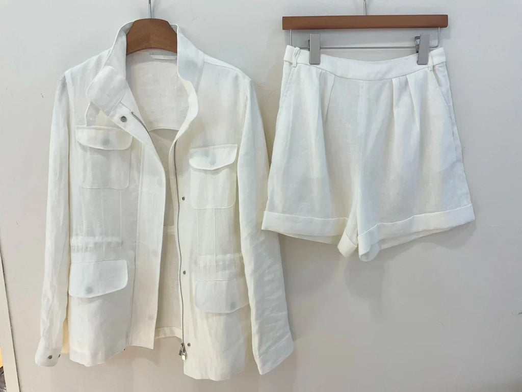 Women’s White Linen Two-Piece Set – Long-Sleeve Shirt & Shorts