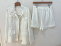 Women’s White Linen Two-Piece Set – Long-Sleeve Shirt & Shorts