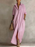 Women’s Minimalist Shirt Maxi Dress – Long Sleeve Buttoned Lapel Dress with Pockets