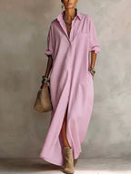 Women’s Minimalist Shirt Maxi Dress – Long Sleeve Buttoned Lapel Dress with Pockets