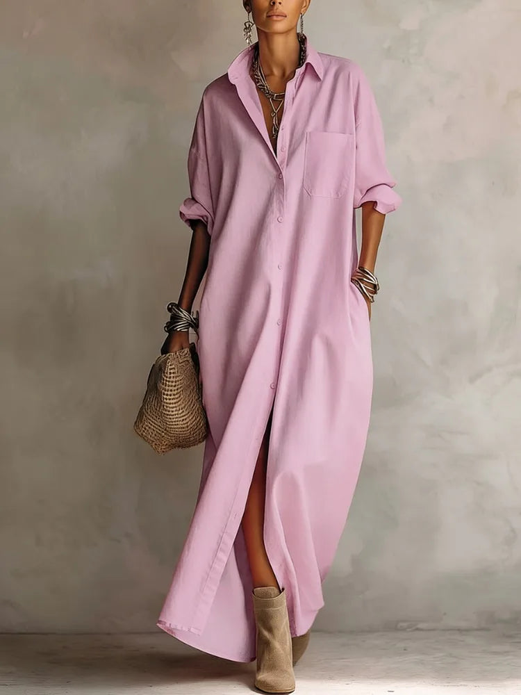 Women’s Minimalist Shirt Maxi Dress – Long Sleeve Buttoned Lapel Dress with Pockets