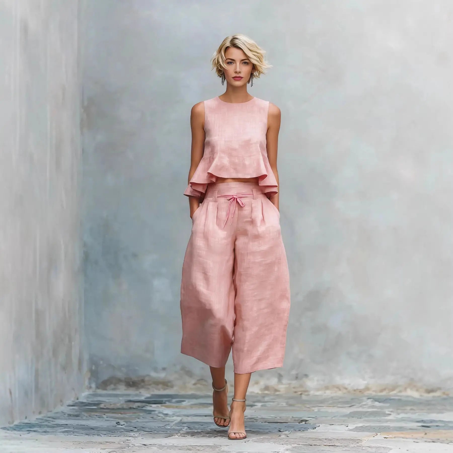 Women’s Sleeveless Two-Piece Vacation Set – O-Neck Tank & Wide-Leg Trousers
