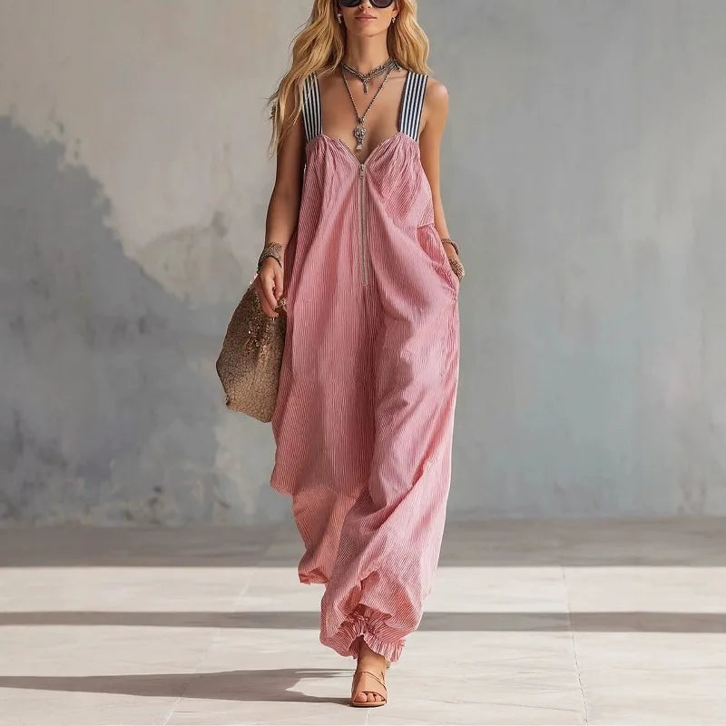 Women’s Pink Striped Sleeveless Jumpsuit – Loose Wide Leg Summer Beach Romper with Pockets