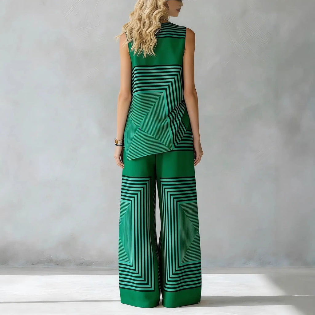 Women’s Geometric Striped Two-Piece Set – Sleeveless O-Neck Asymmetrical Hem Vest Top & Wide-Leg Pants Matching Outfit