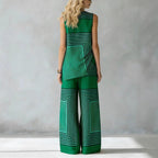 Women’s Geometric Striped Two-Piece Set – Sleeveless O-Neck Asymmetrical Hem Vest Top & Wide-Leg Pants Matching Outfit