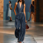 Women’s Halter Neck Denim Jumpsuit – Sleeveless Deep V-Neck Wide Leg Retro Vintage Overalls