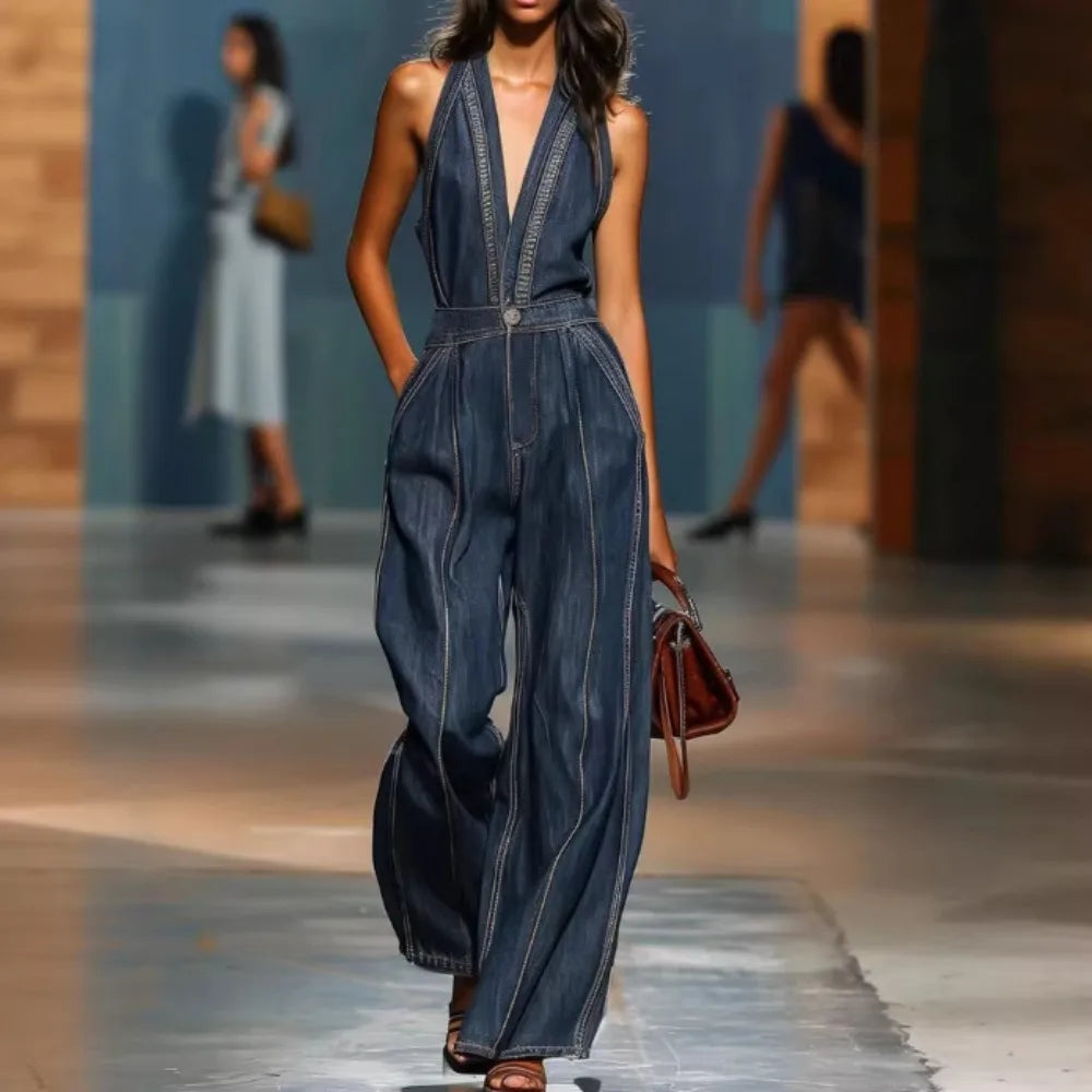 Women’s Halter Neck Denim Jumpsuit – Sleeveless Deep V-Neck Wide Leg Retro Vintage Overalls
