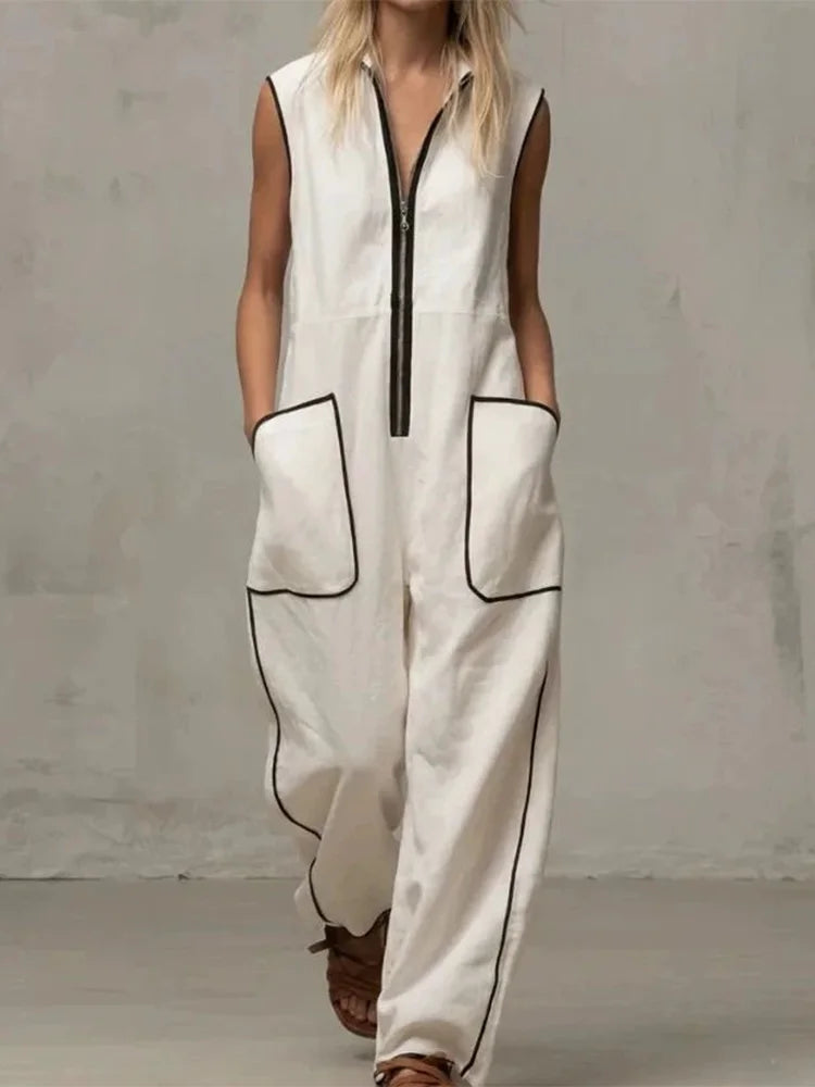 Women’s Contrast Color Stand Collar Jumpsuit – Loose Fit Zipper Wide Leg Casual Vacation Outfit with Pockets (Summer New)