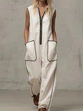 Women’s Contrast Color Stand Collar Jumpsuit – Loose Fit Zipper Wide Leg Casual Vacation Outfit with Pockets (Summer New)