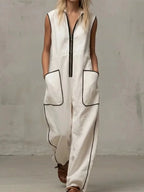 Women’s Contrast Color Stand Collar Jumpsuit – Loose Fit Zipper Wide Leg Casual Vacation Outfit with Pockets (Summer New)