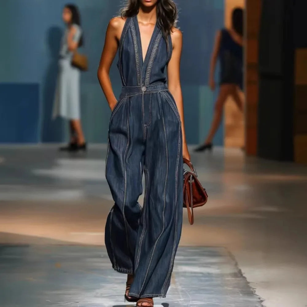 Women’s Halter Neck Denim Jumpsuit – Sleeveless Deep V-Neck Wide Leg Retro Vintage Overalls